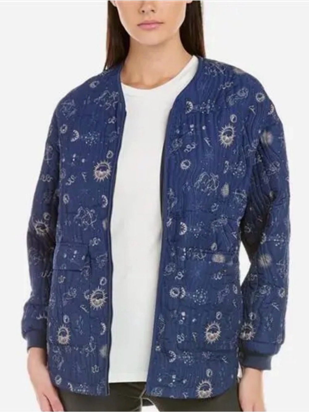 Johnny Was Navy Quilted Celestial Bomber Jacket